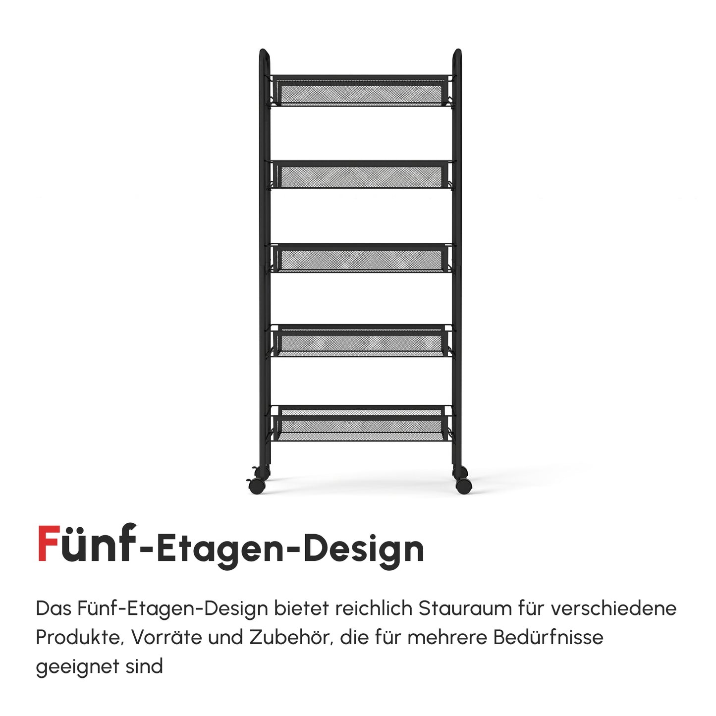 HOMCOM Küchenwagen mit 5 Drahtkörben, 4 Haken, 4 Rollen, 2 Griffe, Stahl/Kunststoff, 45x26,5x106 cm, Weiß