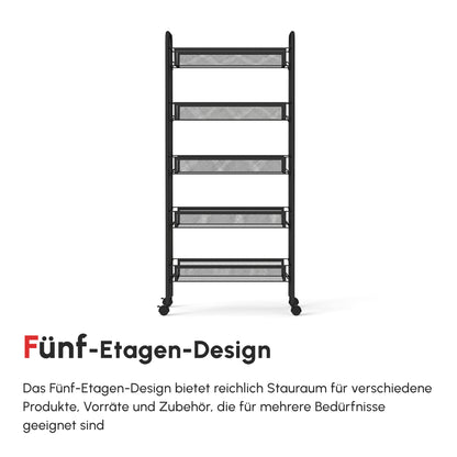 HOMCOM Küchenwagen mit 5 Drahtkörben, 4 Haken, 4 Rollen, 2 Griffe, Stahl/Kunststoff, 45x26,5x106 cm, Weiß