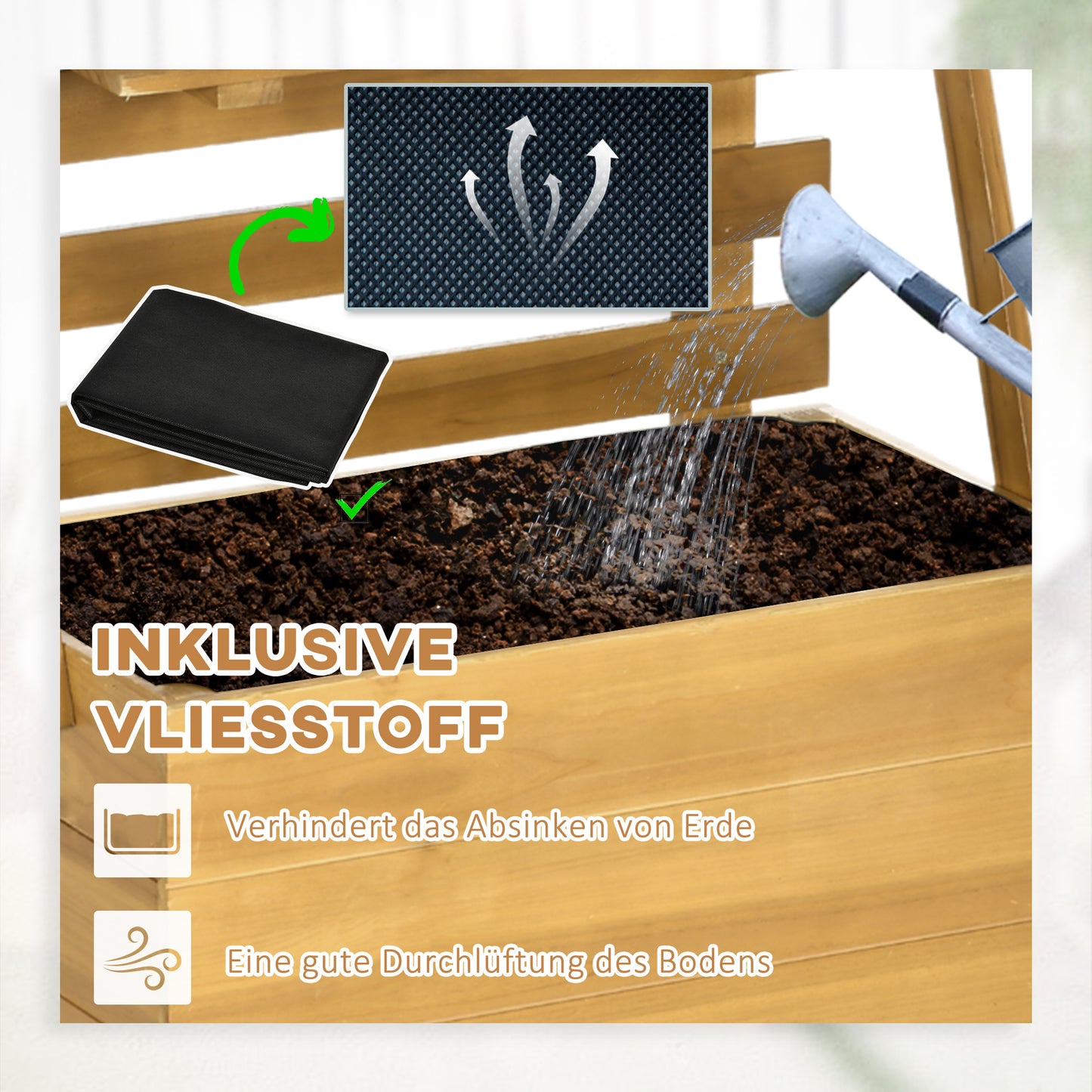 Outsunny Hochbeet mit 3 Schubladen, inkl. Rankhilfe, wetterbeständig, Massivholz, 63 cm x 39 cm x 160 cm, Natur