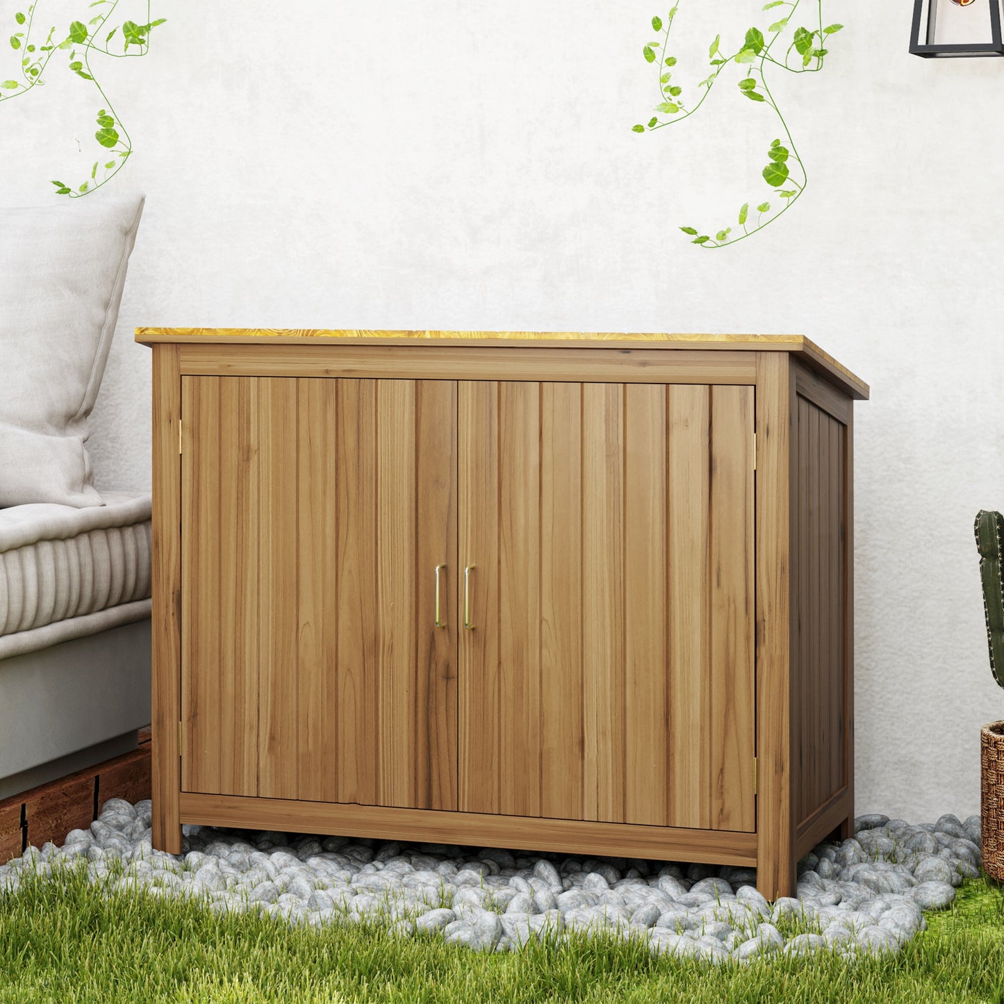 Outsunny Gartenschrank, Holzkommode mit 2 Regalen für Garten, Terrasse, Wetterfest, 110 x 50 x 85 cm, Braun