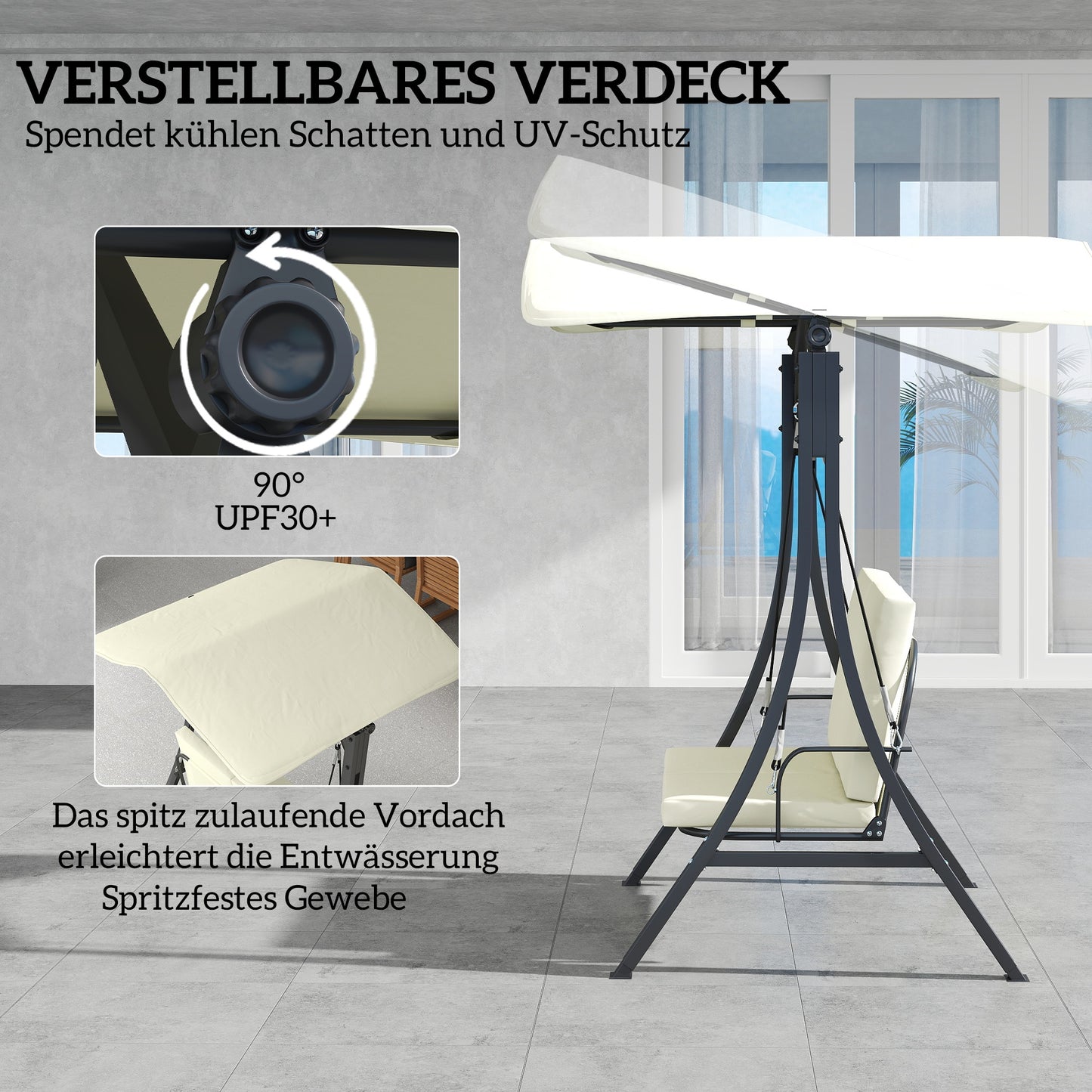 Outsunny Hollywoodschaukel mit verstellbarem Sonnendach Sitzauflage, 2-Sitzer bis 220kg 150x120x182cm, Cremeweiß