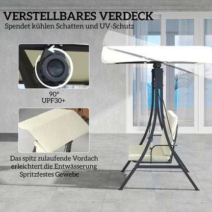 Outsunny Hollywoodschaukel mit verstellbarem Sonnendach Sitzauflage, 2-Sitzer bis 220kg 150x120x182cm, Cremeweiß