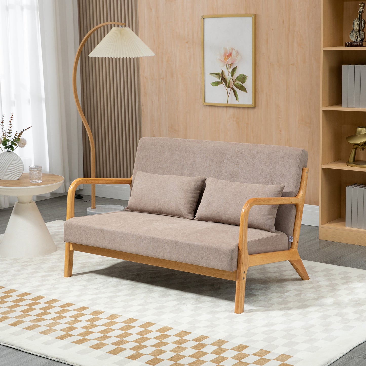 HOMCOM 2-er Sofa, 2-Sitzer, kleines Sofa, Retrodesign, 2 Kissen, Kautschukholz, Braun + Natur