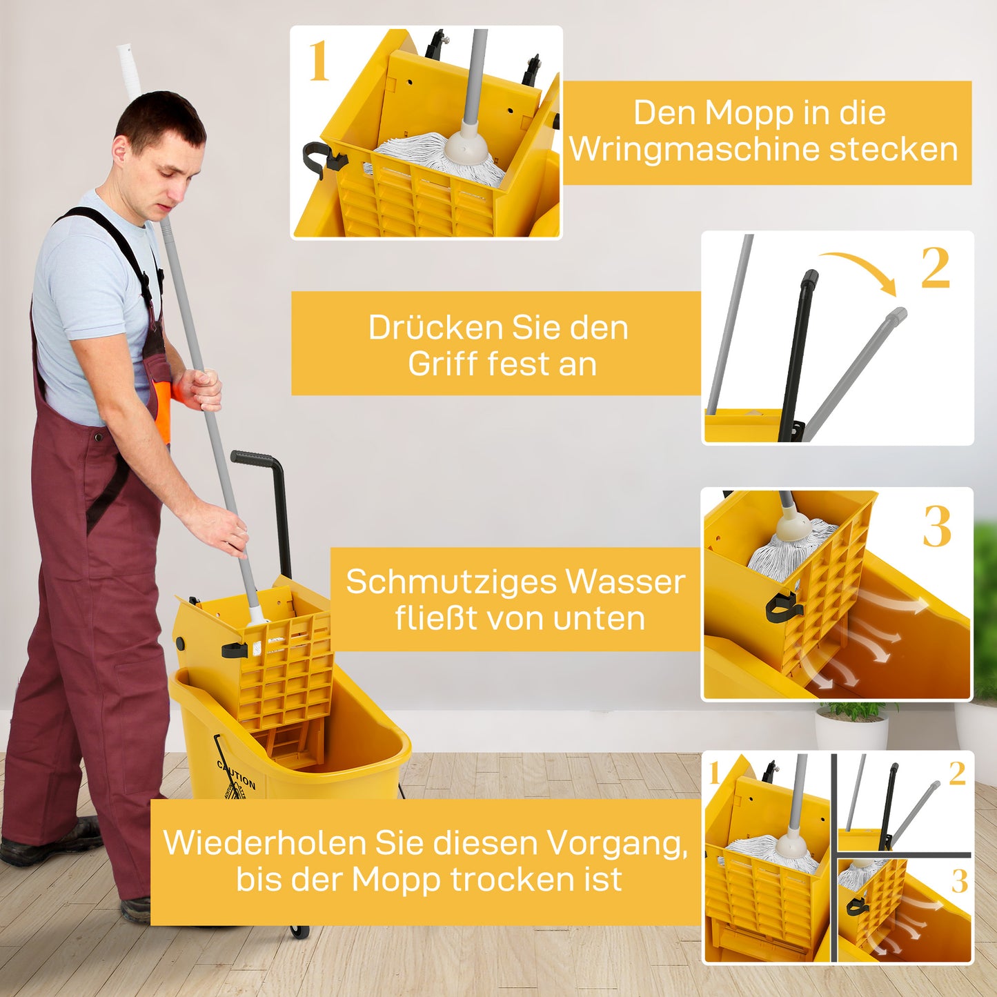 HOMCOM Wischeimer auf Rädern mit Mopp-Auswringer, Mopp-Halter, 36 Liter, Kunststoff, Gelb