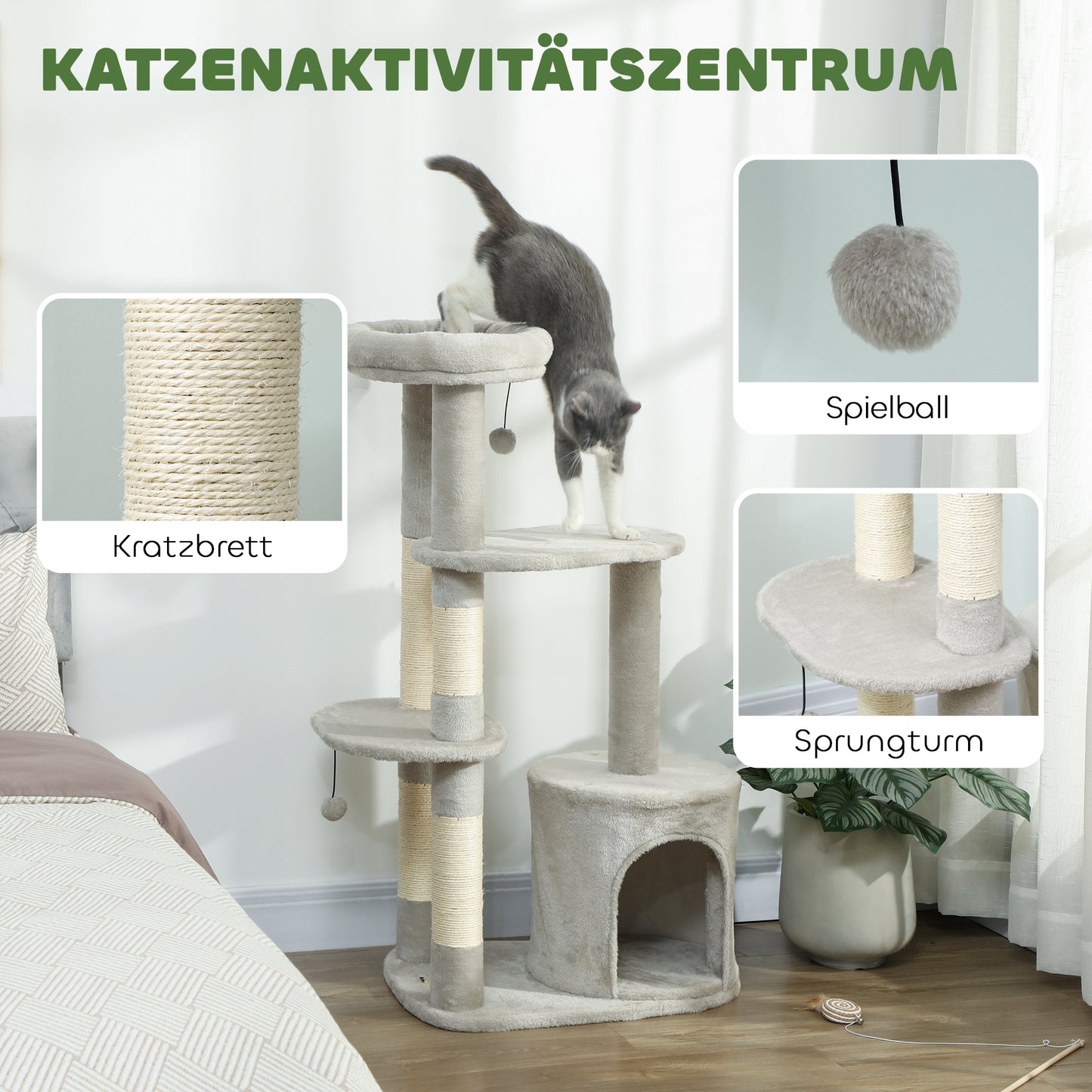 PawHut Kratzbaum 114 cm Katzenturm mit Höhle, Sisalstämme, Plattform, mehrstöckig ür mittelgroße Katzen unter 6 kg, Hellgrau