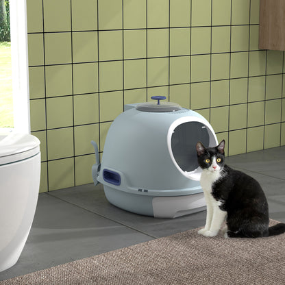 PawHut Katzentoilette mit Dachfenster, Katzenklo mit Bodenschale, mit Schaufel, Tragbar, PP ABS, See-Blau, 47 x 55 x 44 cm