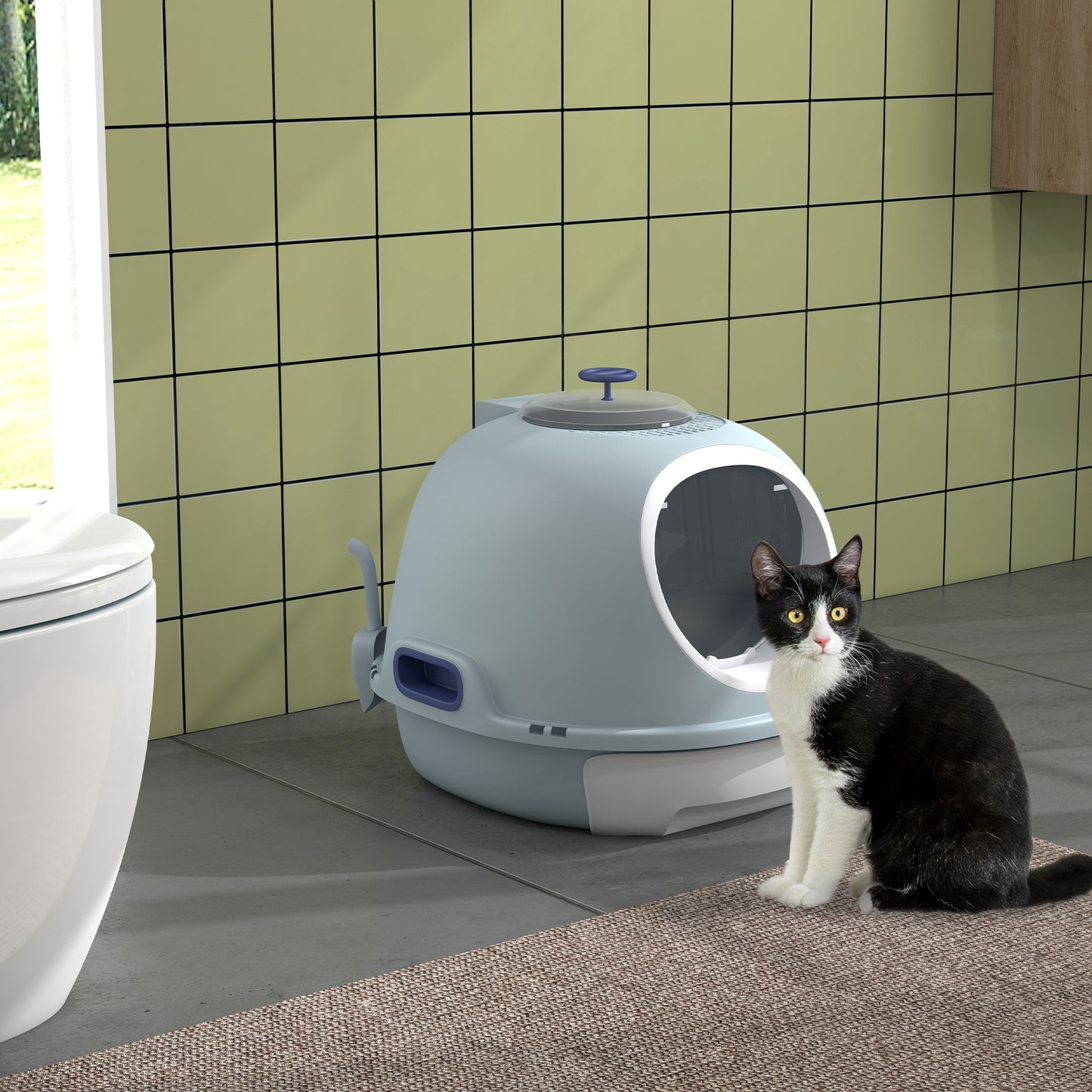 PawHut Katzentoilette mit Dachfenster, Katzenklo mit Bodenschale, mit Schaufel, Tragbar, PP ABS, See-Blau, 47 x 55 x 44 cm