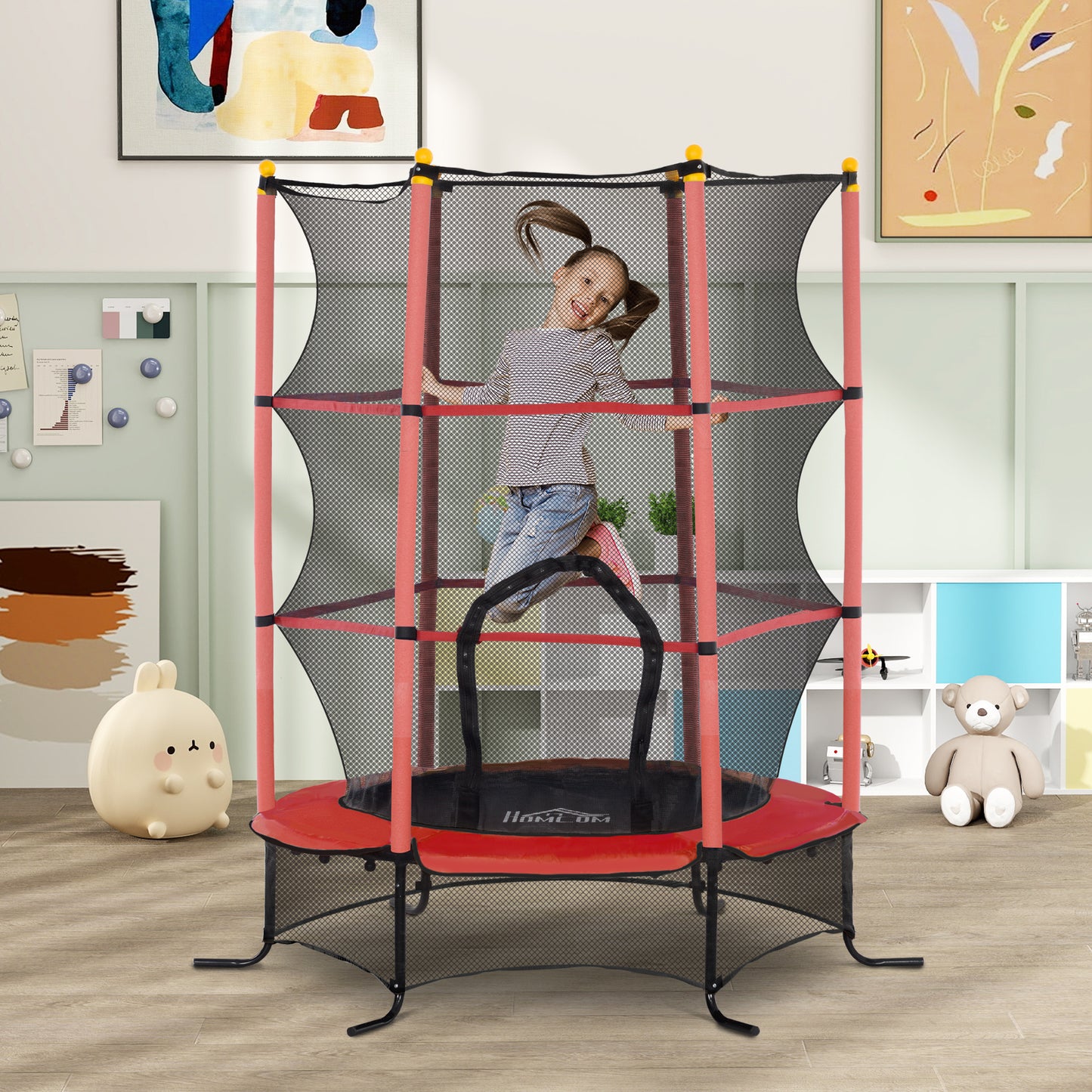 HOMCOM Trampolin für Kinder, Ø163 cm, mit Sicherheitsnetz, für drinnen und draußen, Belastung bis 50 kg, Stahl, Kunststoff, Rot