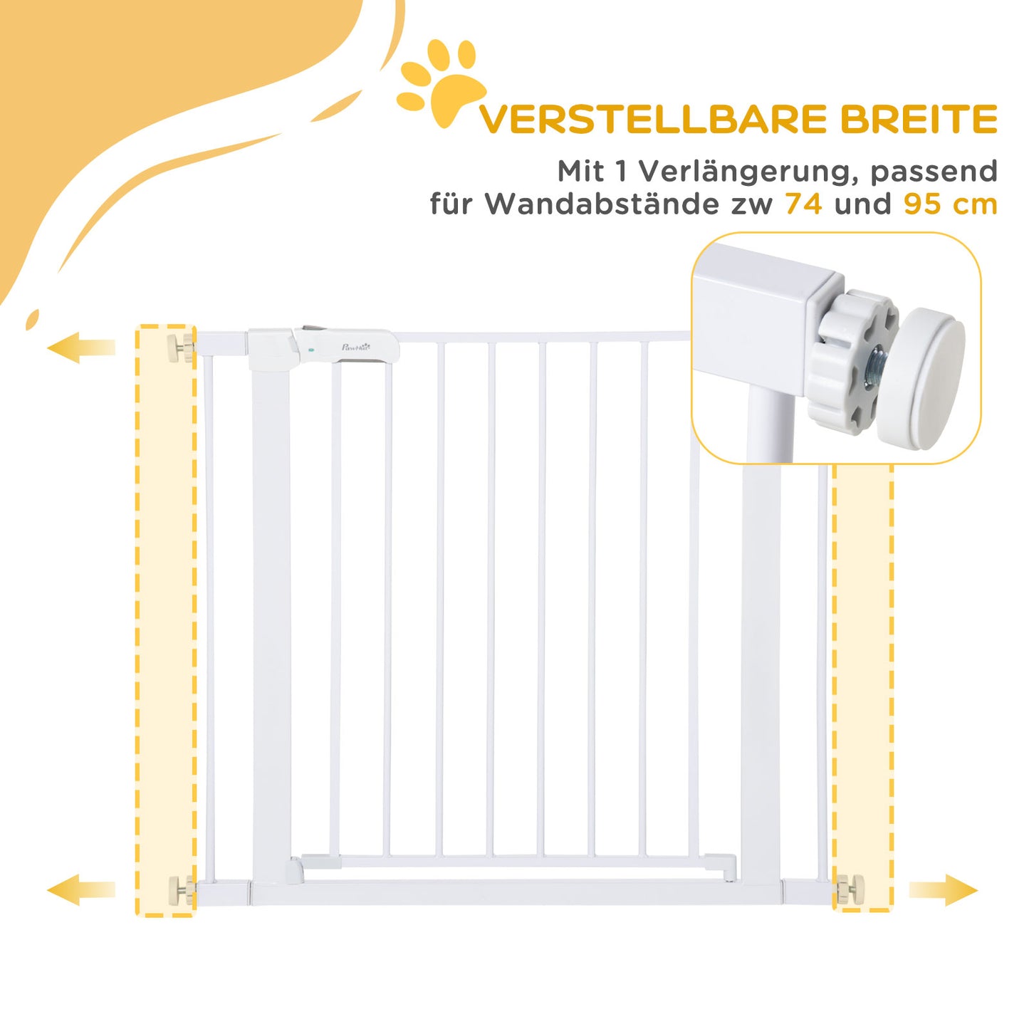 PawHut Türgitter, Montage ohne Bohren, verstellbare Breite 75-96 cm, einhändiges Öffnen, Metall, Weiß, Auto-Close Baby Schutzgitter