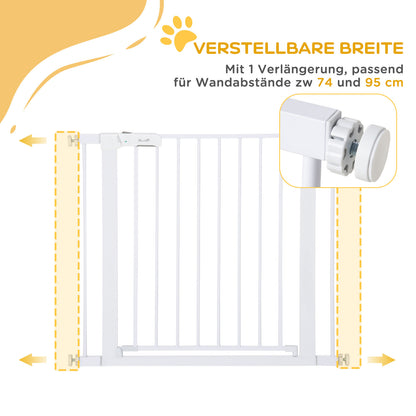 PawHut Türgitter, Montage ohne Bohren, verstellbare Breite 75-96 cm, einhändiges Öffnen, Metall, Weiß, Auto-Close Baby Schutzgitter