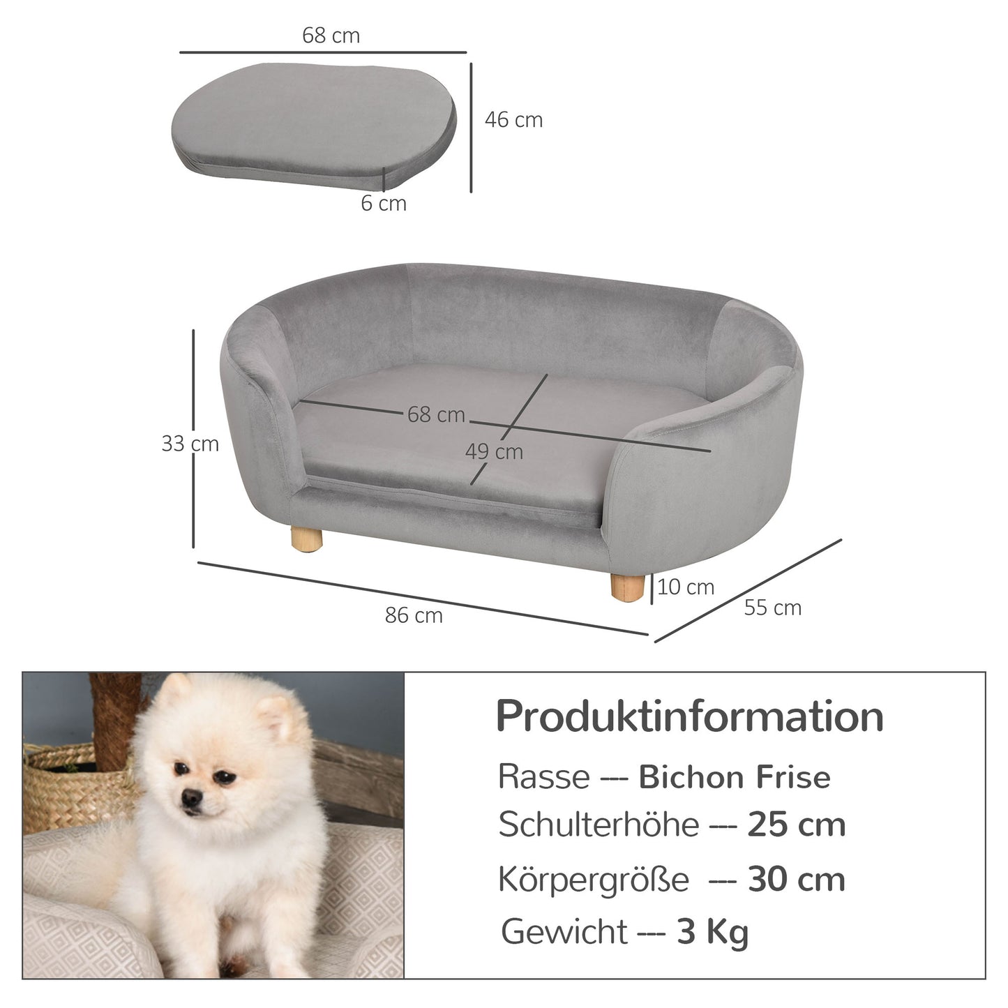 PawHut Haustiersoffa Hundesofa Hundebett mit Holländischer Samt Schaumstoff Birke Bein für Katzen Hunde 86 x 55 x 33 cm Hellgrau