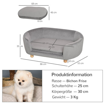PawHut Haustiersoffa Hundesofa Hundebett mit Holländischer Samt Schaumstoff Birke Bein für Katzen Hunde 86 x 55 x 33 cm Hellgrau