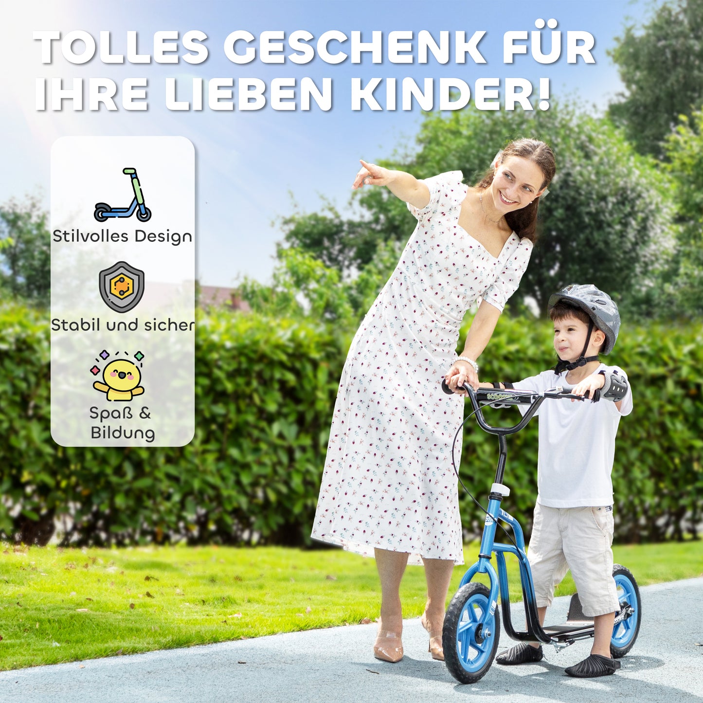 AIYAPLAY Kinderroller mit verstellbarem Lenker, große Räder, Parkständer, Handbremse, für Kinder im Alter von 5-12 Jahren, Blau