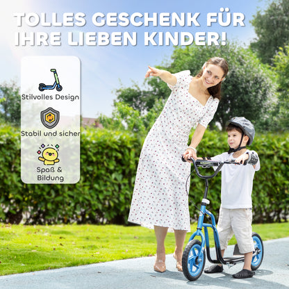 AIYAPLAY Kinderroller mit verstellbarem Lenker, große Räder, Parkständer, Handbremse, für Kinder im Alter von 5-12 Jahren, Blau
