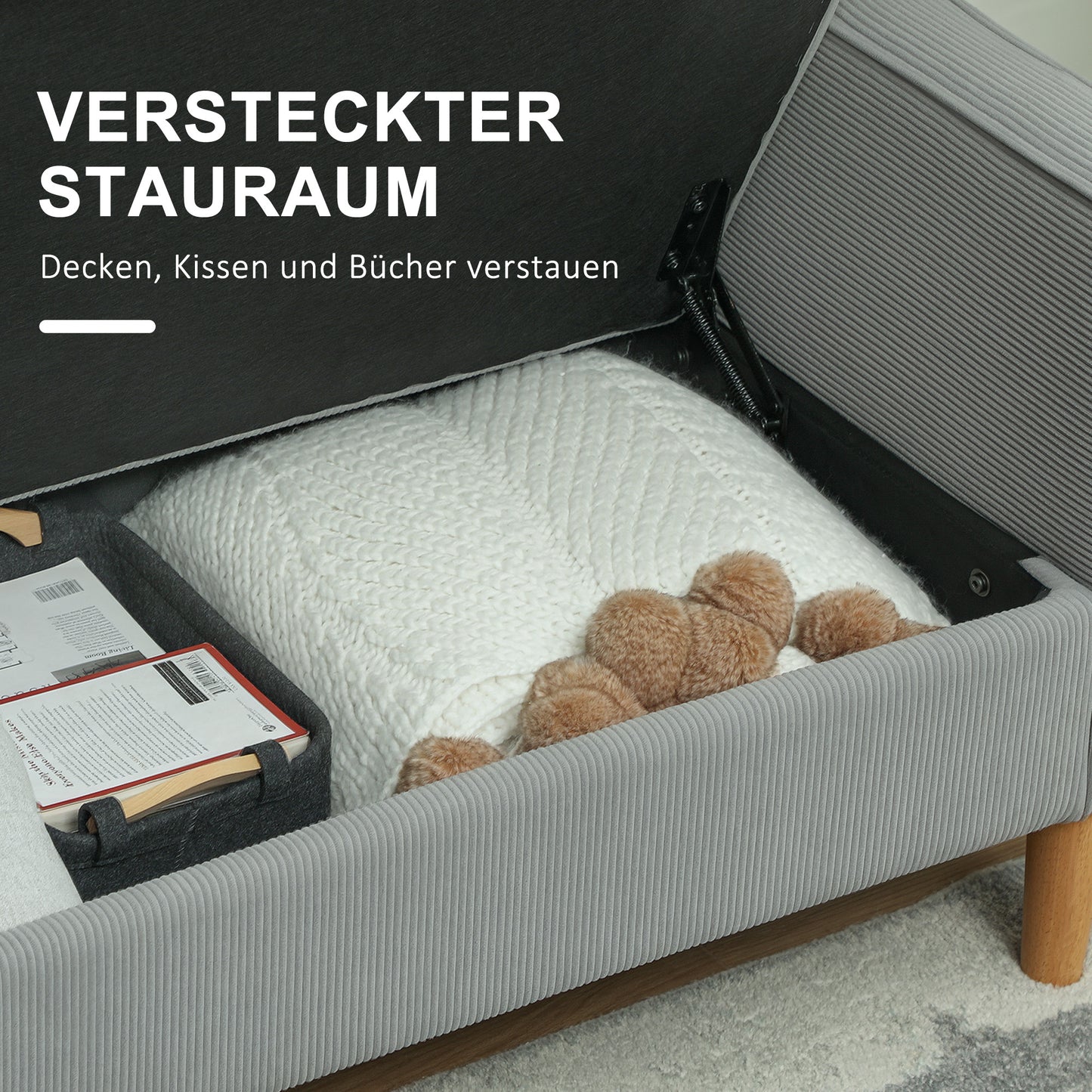 HOMCOM Zweisitzer-Sofa mit Stauraum und soliden Holzbeinen, für Wohnzimmer, Schlafzimmer, 117 x 63 x 79 cm, Hellgrau