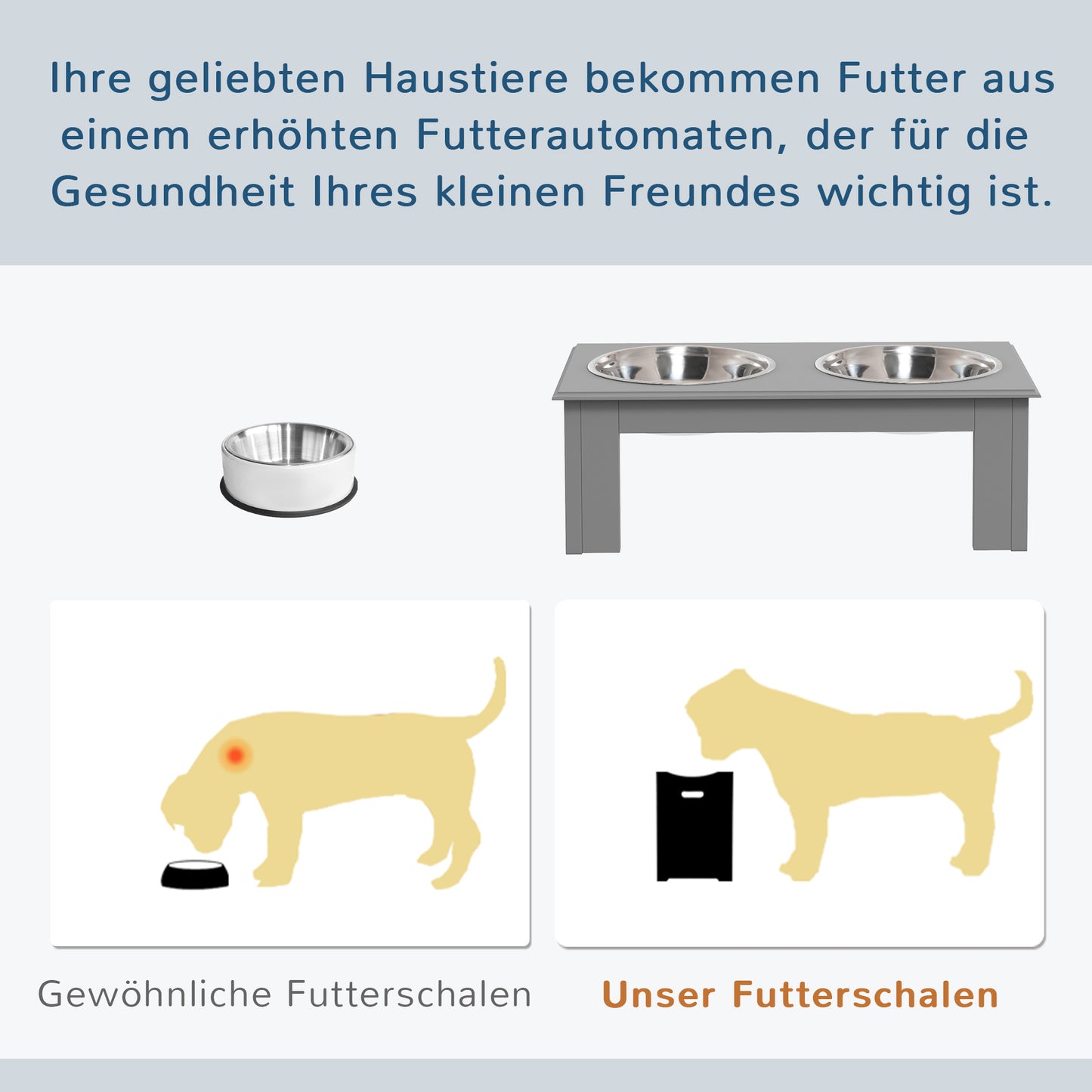 PawHut Hunde-Futterstation, rutschfest, 44x24x15cm, Grau, 0,9L pro Napf