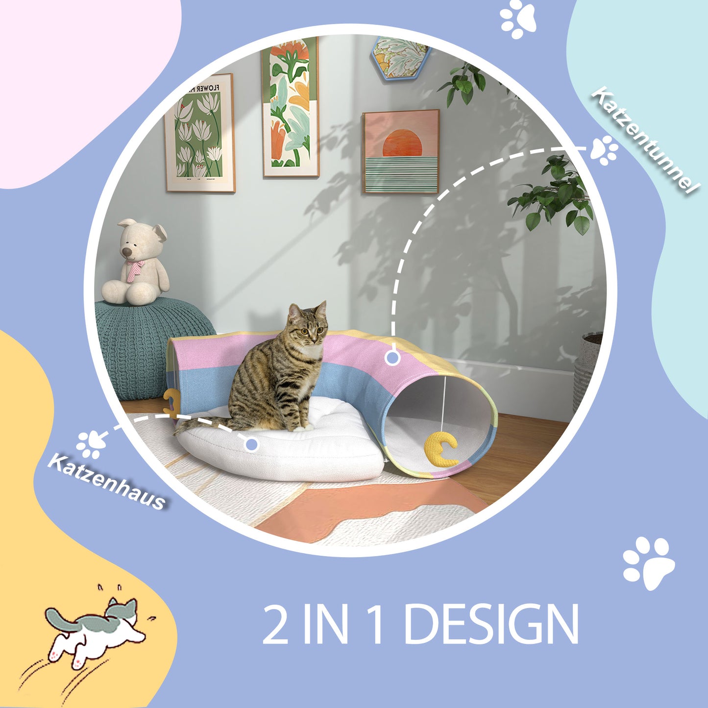 PawHut Katzentunnel Katzenspielzeug, 2 Spielzeuge, 1 Liegepolster, verspieltes Design, 105 cm x 65 cm x 28 cm, Mehrfarbig