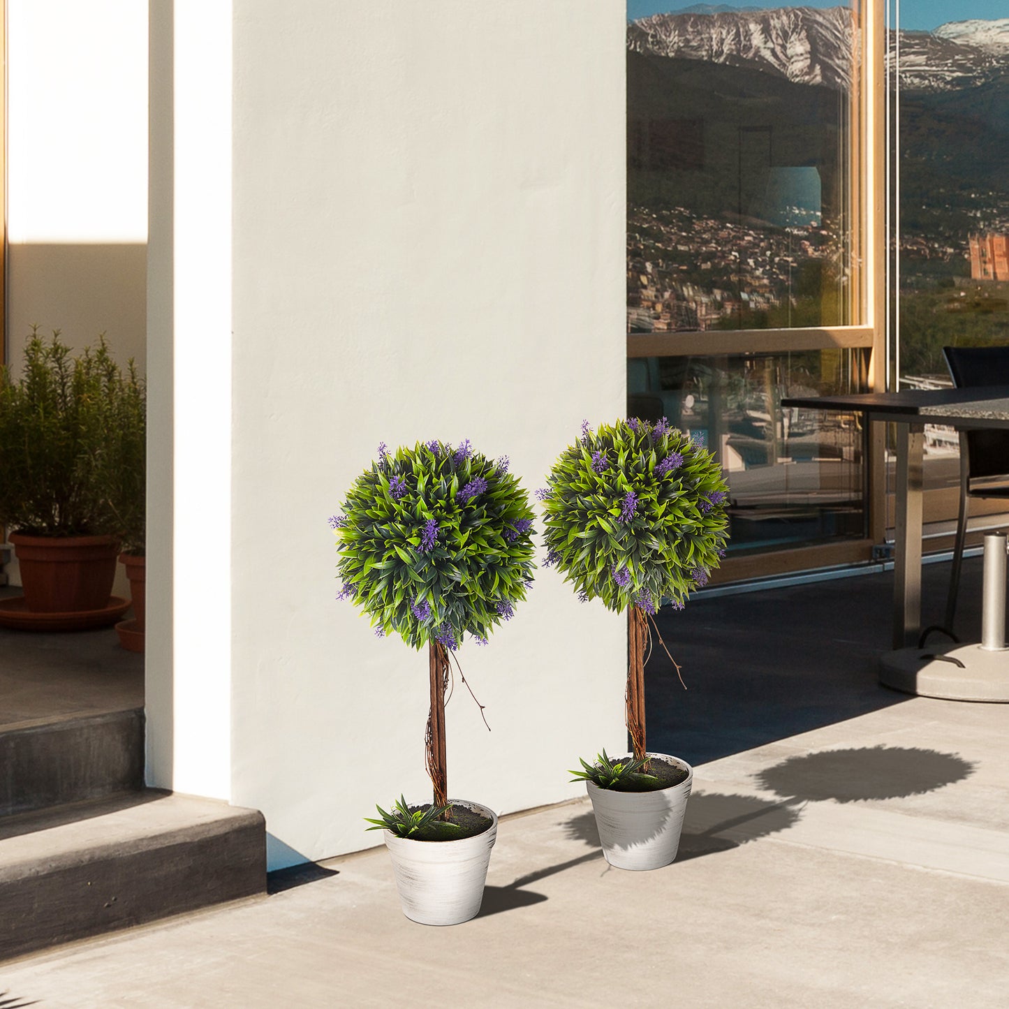 HOMCOM 2er-Set Kunstpflanze inkl. Übertopf und Kunstmoos, künstliche Lavendelstämmchen, Weiß + Grün + Lila