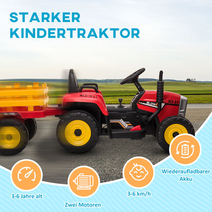 HOMCOM Elektrischen Kinderauto, Kinder-Traktor, inkl. Eltern-Fernbedienung, max. Geschwindigkeit von 6 km/h; Rot + Schwarz