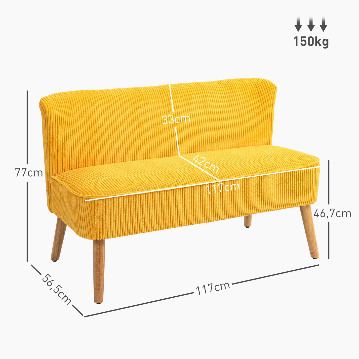 HOMCOM Zweisitzer-Sofa, elegantes Skandi Design, massiver Holzrahmen, bis 150 kg, 117 x 56,5 x 77 cm, Gelb