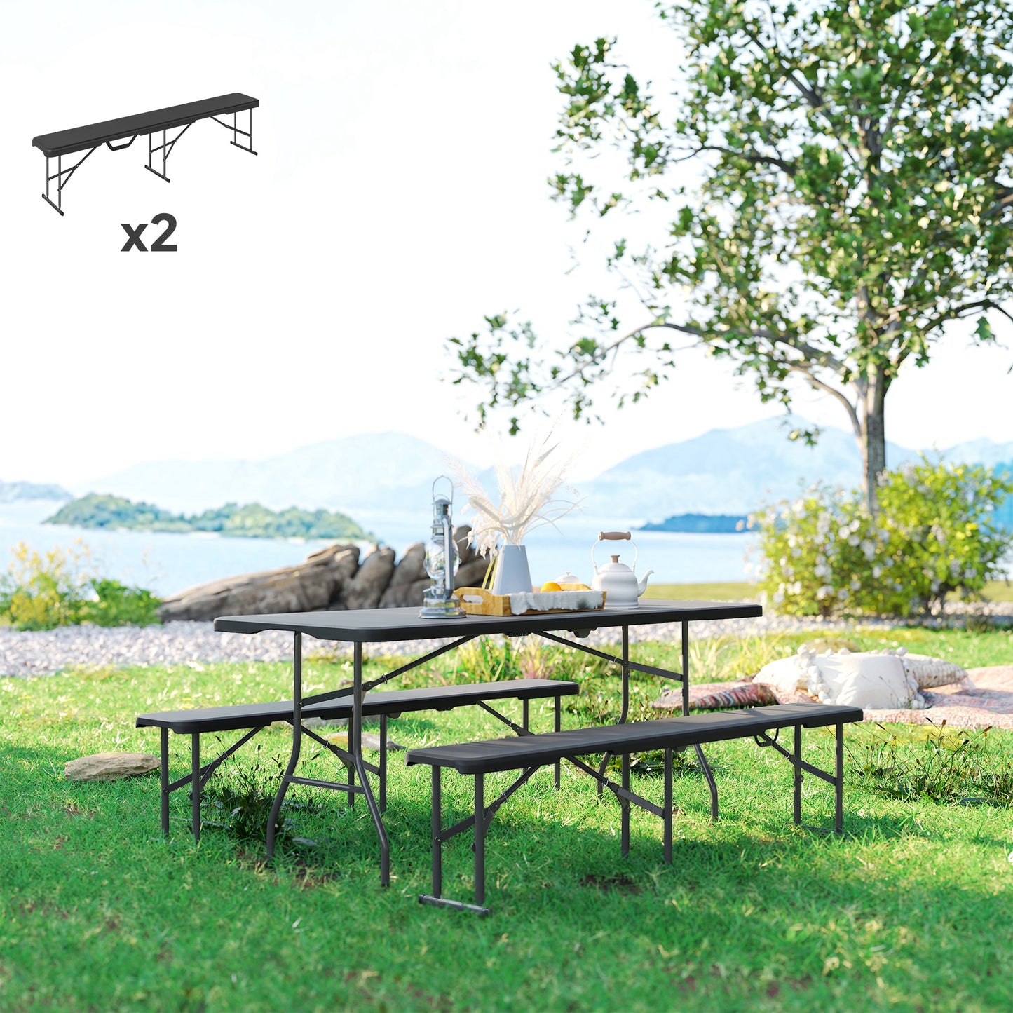 Outsunny Campingbank, Kunststoff-Outdoor-Bank, 240 kg Belastbarkeit, Schwarz