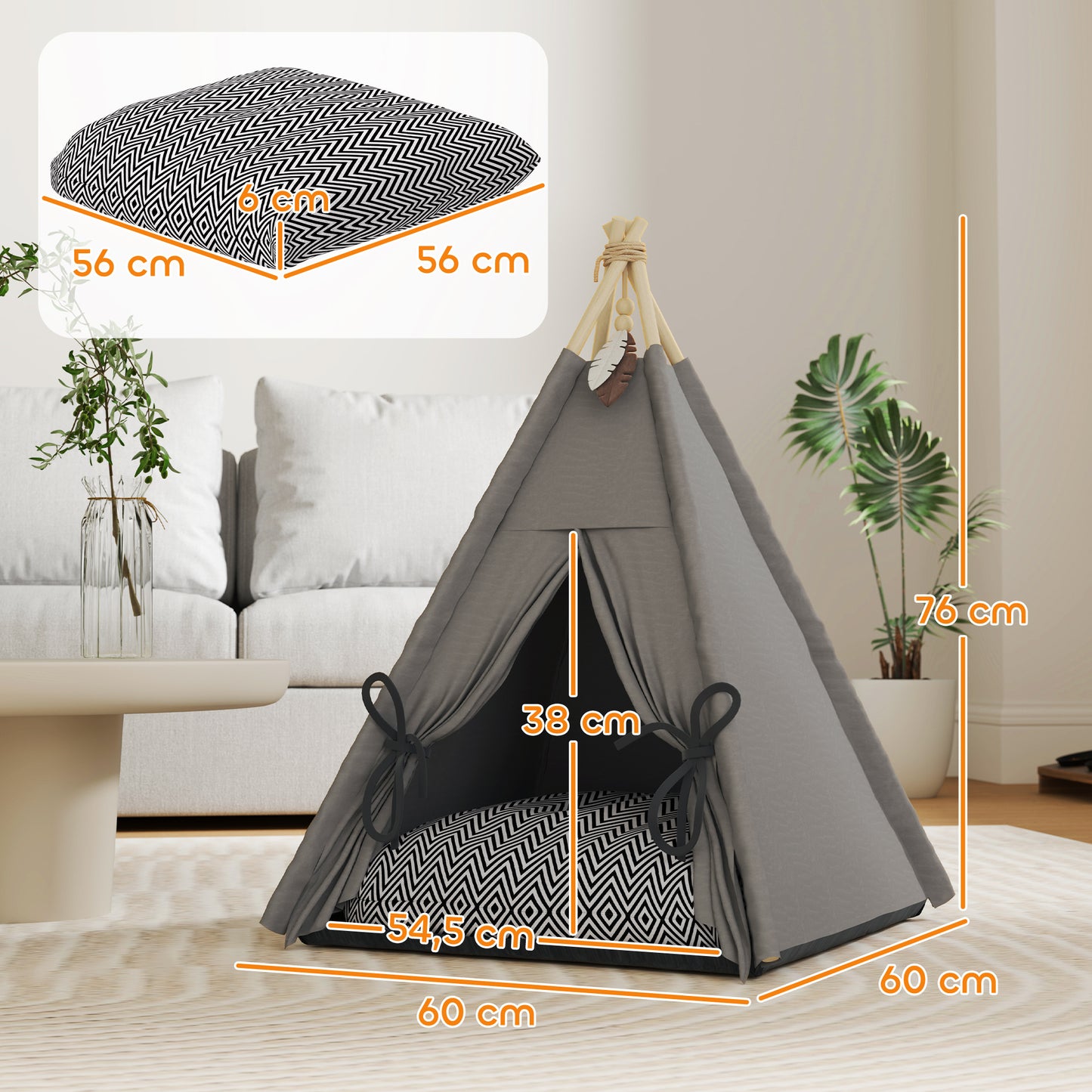 PawHut Tipi-Zelt für Haustiere, Tierbett im Tipi-Design, Katzenzelt mit Kissen, Hundebett zum Schlafen, Katzenbett, Grau