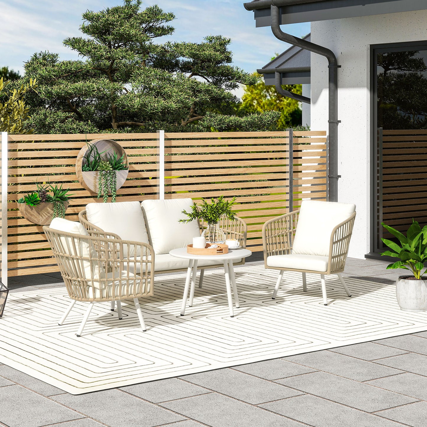 Outsunny Gartenmöbel Set aus Polyrattan Lounge-Set mit 2er Sofa Sessel Tisch Kissen wetterfest für 4 Personen Khaki