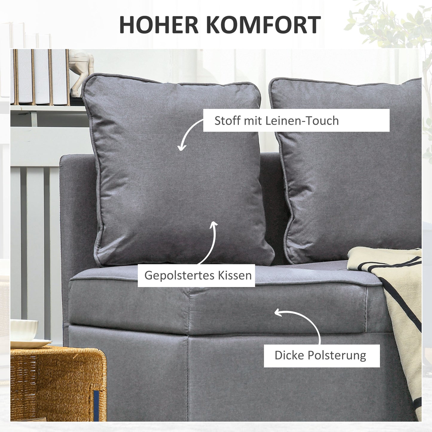 HOMCOM Schlafsessel, 2-Sitzer-Sessel mit Bettfunktion, klappbarer Polstersessel mit 2 Kissen, Bezug in Leinenoptik, Dunkelgrau