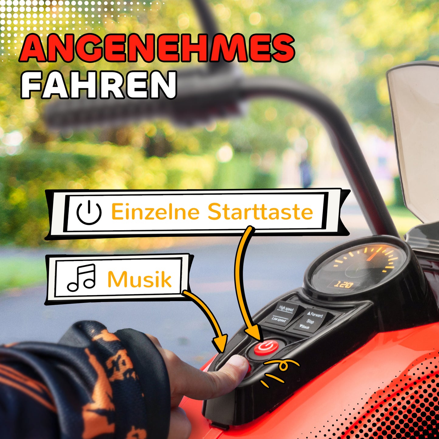 AIYAPLAY Elektro-Kinder-Motorrad, 3 Räder, 6V Batterie-Betrieb, Scheinwerfer, Musik, für Kinder im Alter von 3-6 Jahren, Rot