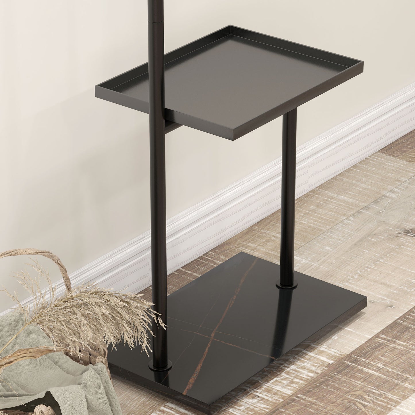 HOMCOM Garderobenständer, Kleiderstange mit Stoppern, 3 Haken, Ablagefach, Kunststeinsockel, Schwarz