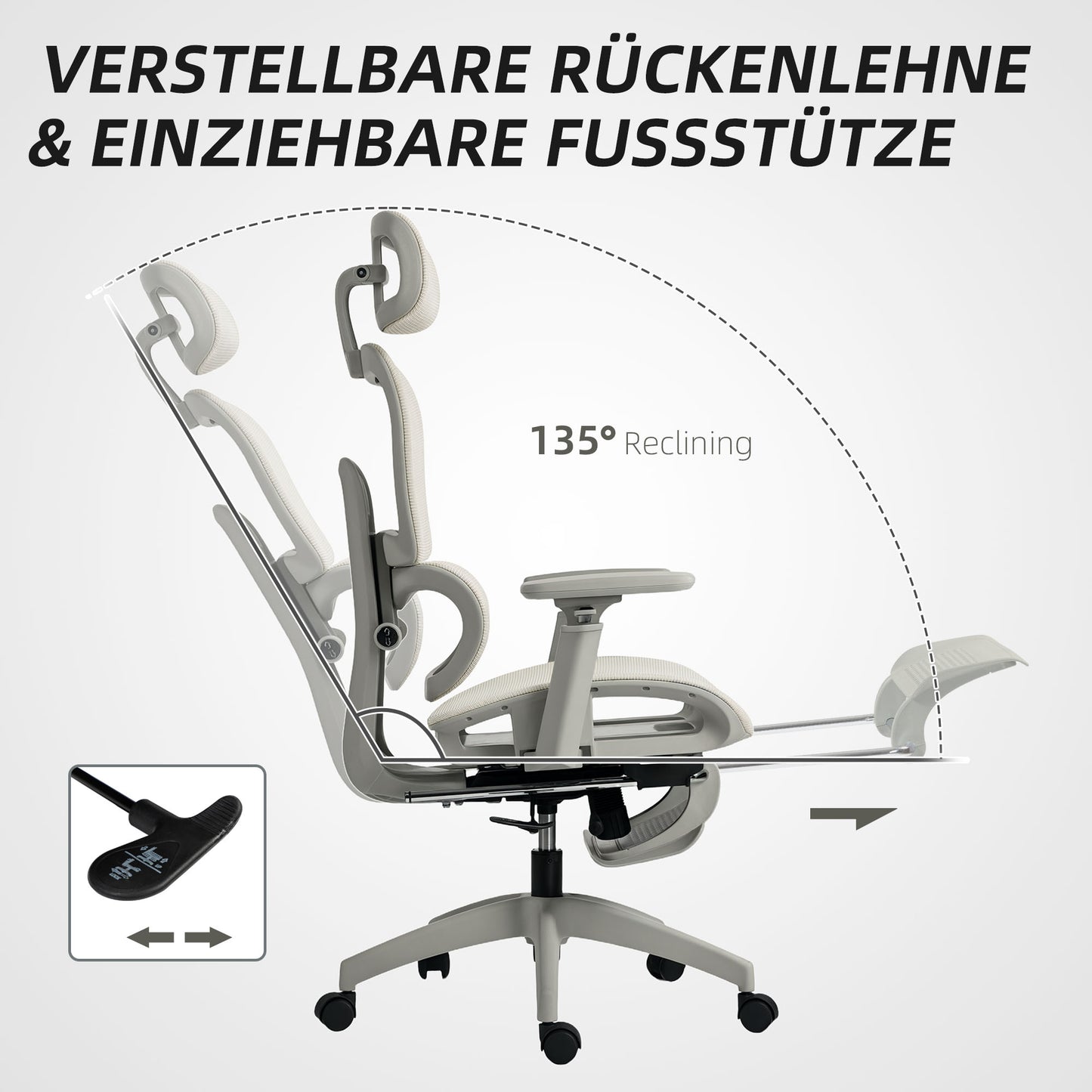 HOMCOM Bürostuhl, Ergonomischer Schreibtischstuhl mit Netzstoffbezug, verstellbar, rollbar, mit Armlehnen, Kopfstütze, Beige