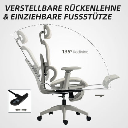 HOMCOM Bürostuhl, Ergonomischer Schreibtischstuhl mit Netzstoffbezug, verstellbar, rollbar, mit Armlehnen, Kopfstütze, Beige