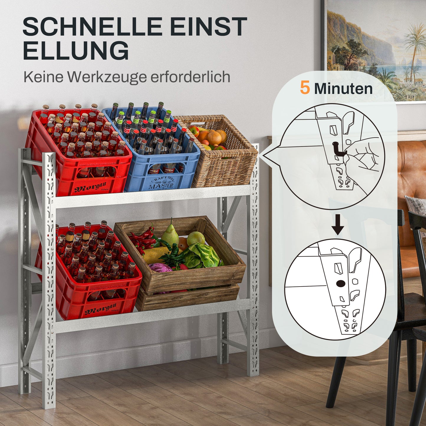 HOMCOM Getränkekistenregal, bis 6 Kisten, höhenverstellbar, Stahlrahmen, 110x30x110 cm, Weiß