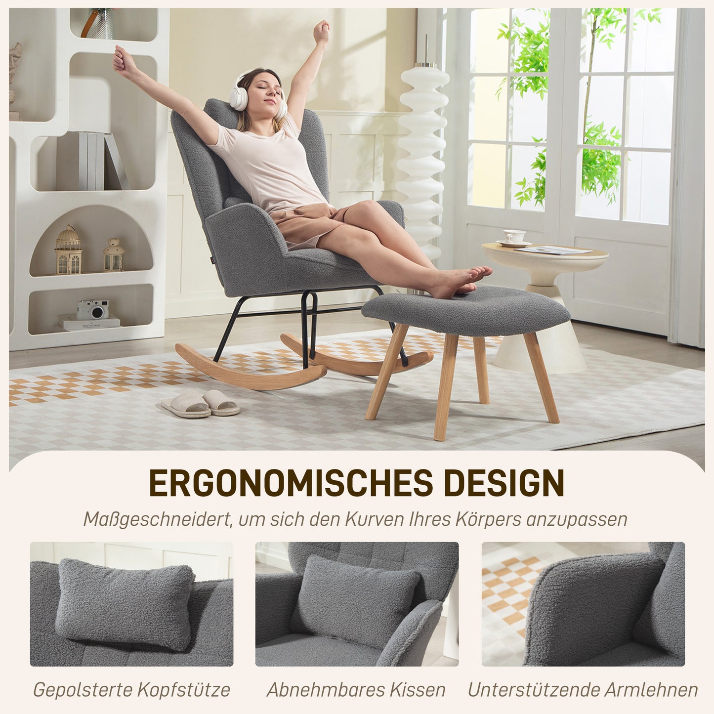 HOMCOM Schaukelstuhl mit Fußhocker, weicher Fleece-Bezug, Holzbeine, Kissen, hohe Rückenlehne, Schaukelsessel, Dunkelgrau
