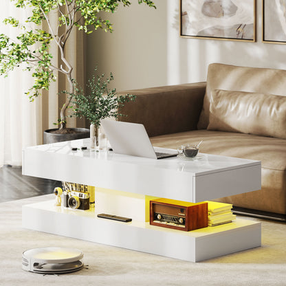 HOMCOM Wohnzimmertisch mit Schubladen und LED-Lichtern, moderner Sofatisch mit offener Ablage, Couchtisch, Spanplatte, Weiß