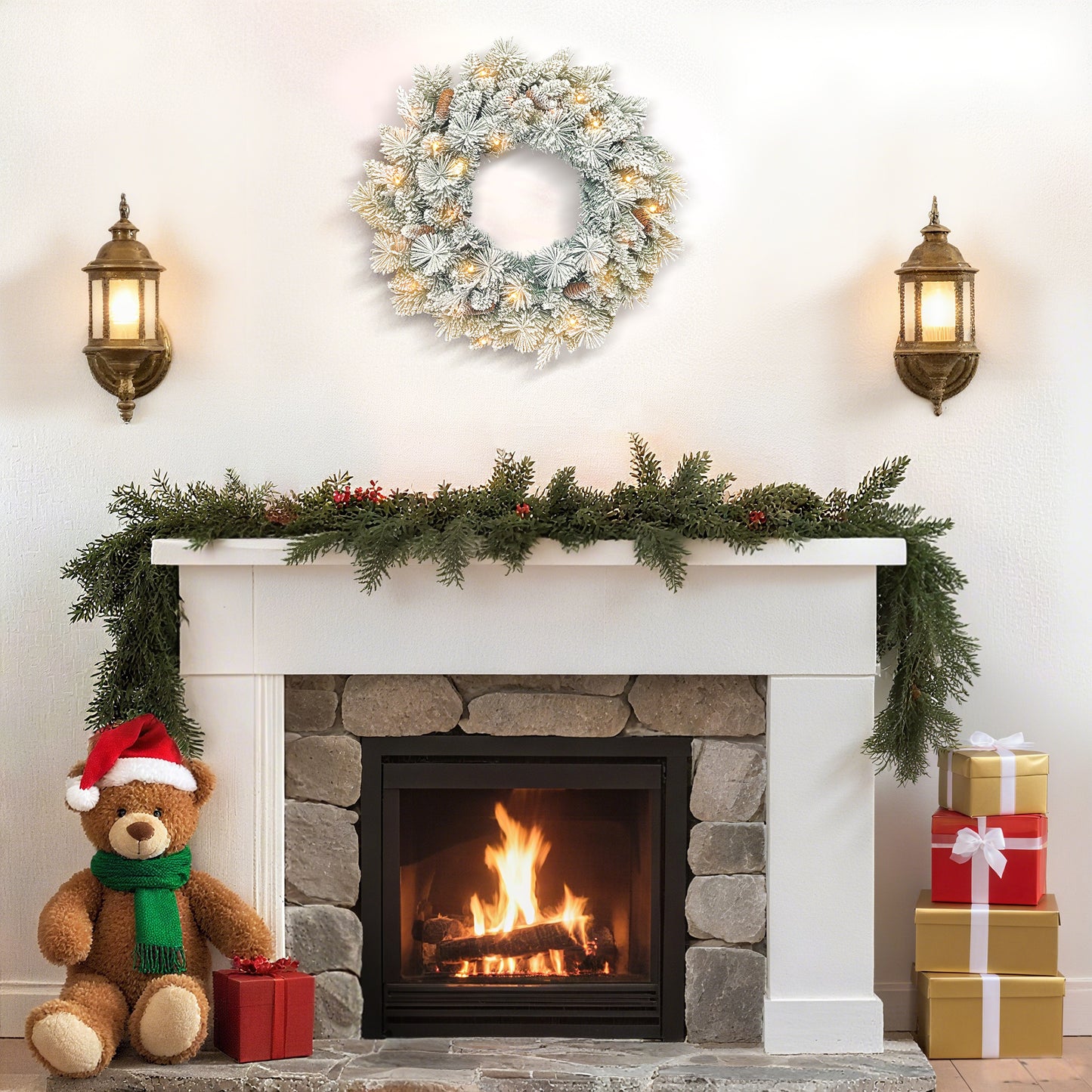 HOMCOM Tannenkranz Weihnachtskranz mit LED-Lichterkette, Tannenzapfen, Türkranz Grün+Weiß, Ø60 x 8 cm