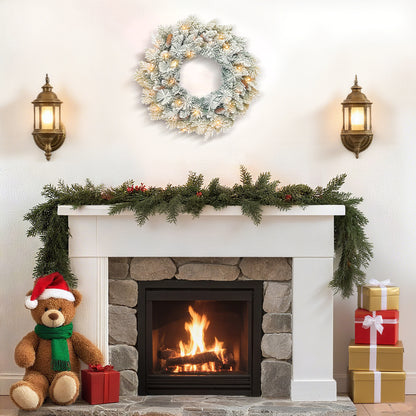 HOMCOM Tannenkranz Weihnachtskranz mit LED-Lichterkette, Tannenzapfen, Türkranz Grün+Weiß, Ø60 x 8 cm