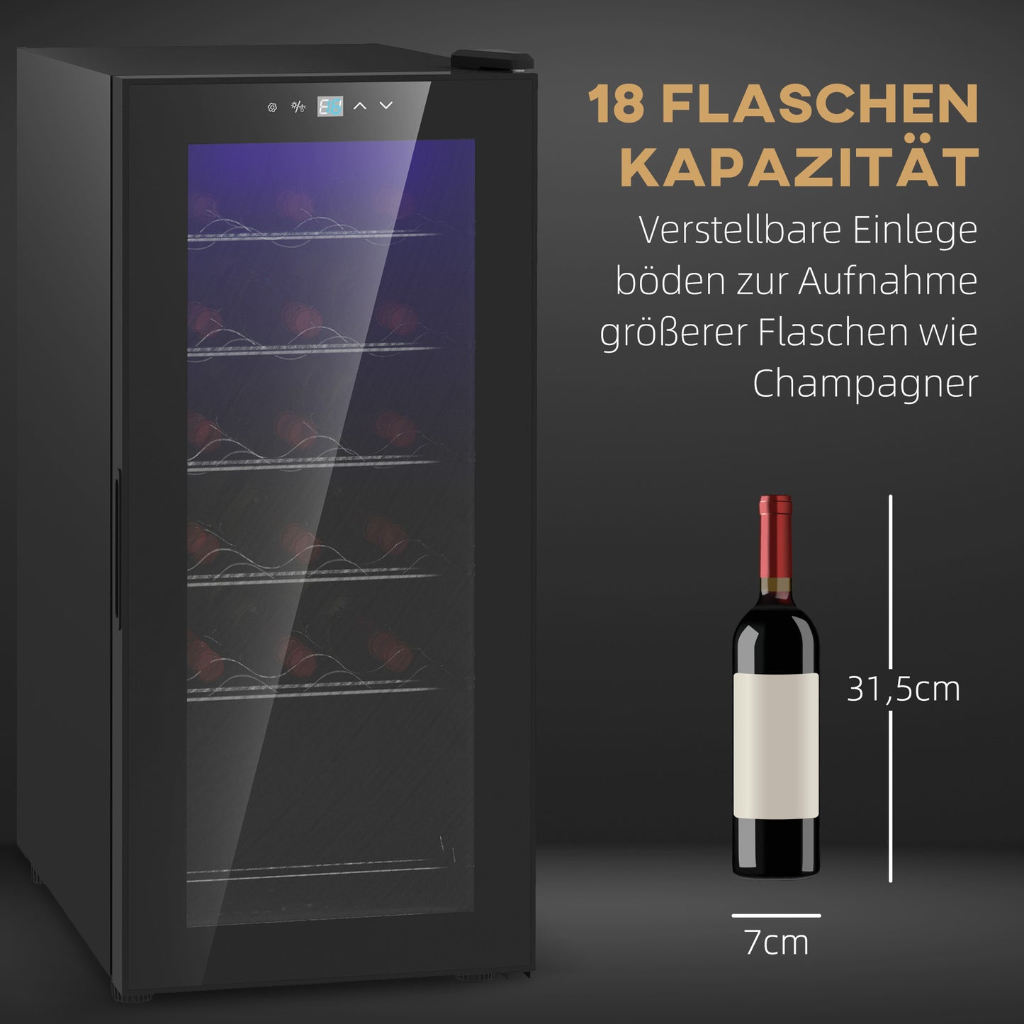 HOMCOM Weinkühlschrank, leise, 5-18°C, Touchscreen, Beleuchtung, 34,5x45x78cm, Schwarz