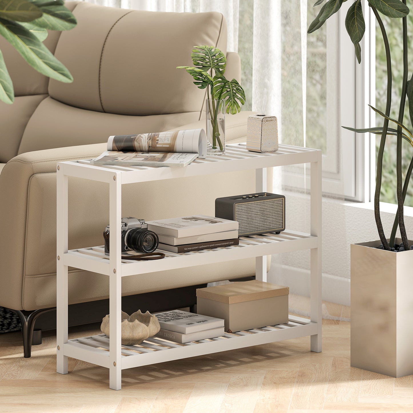 HOMCOM 3-stufiges Bambusregal, Schuhregal, Aufbewahrungsregal, lackierte Oberfläche, Weiß