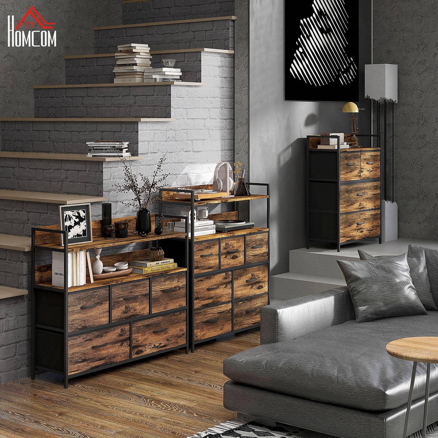HOMCOM Kommode, Sideboard, 4 Stoffschubladen, Industrial Design, 60x29x85cm, Braun/Schwarz
