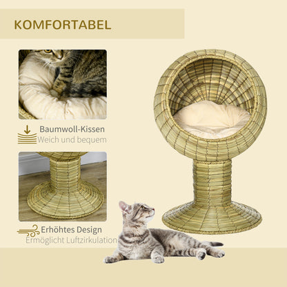 PawHut Katzenhöhle aus Seegras, 2-teilig, flexibel positionierbar, 41 cm x 41 cm x 71,5 cm, Natur