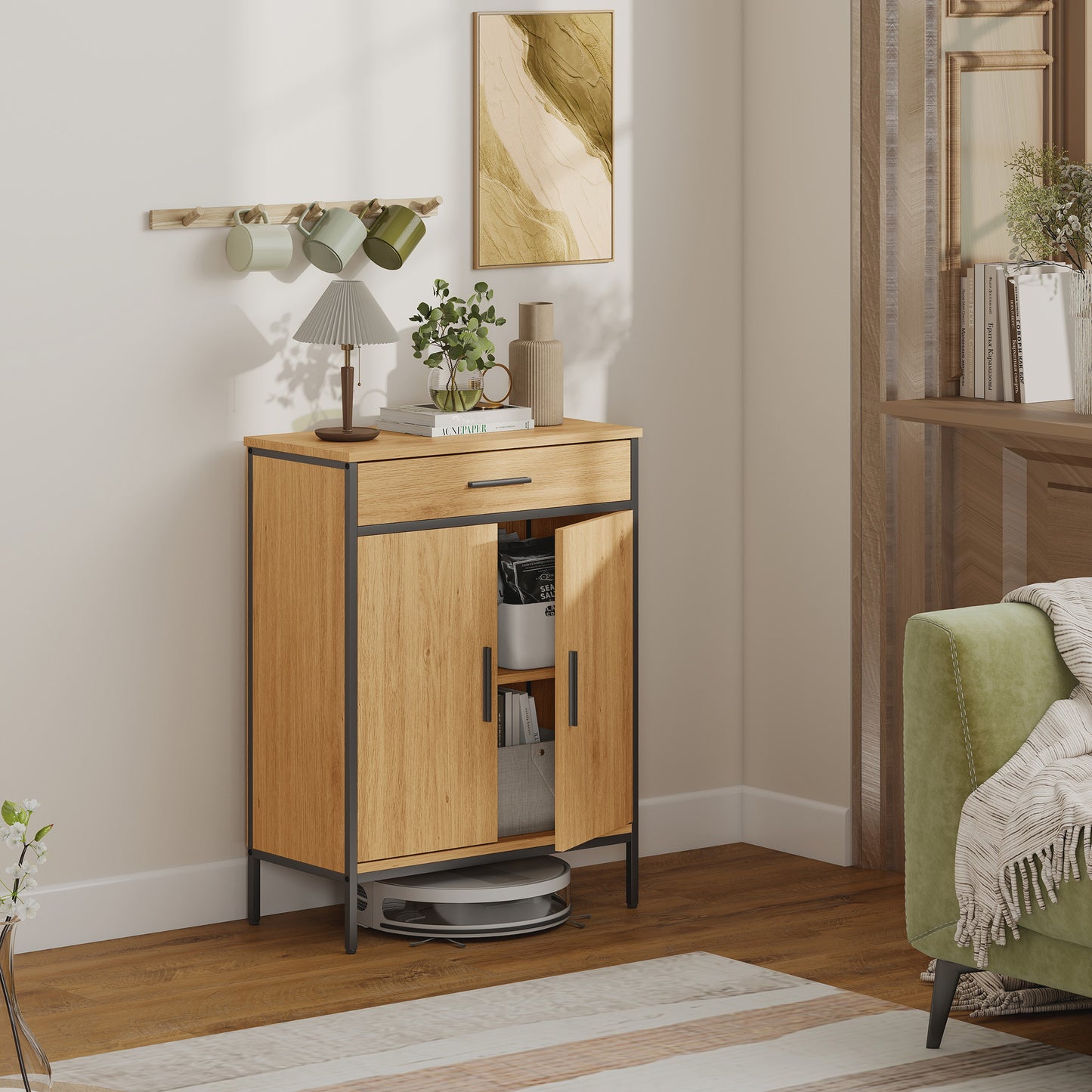 HOMCOM Badezimmerschrank, zweistufige Regale, große Schublade, Industriestil, Eichenoptik