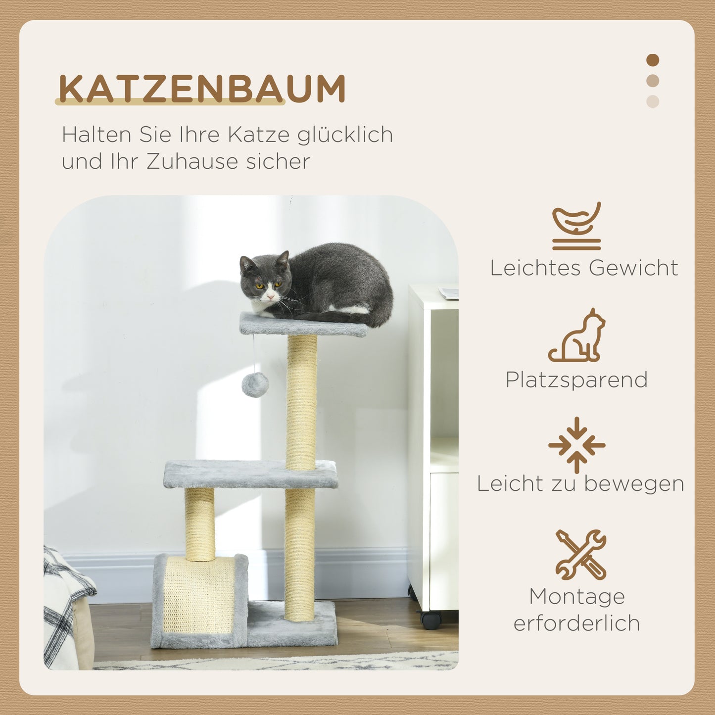 PawHut Kratzbaum 72 cm Katzenturm mit Plüschballen, Sisalstämme, Plattform, Kratzbrett Hellgrau