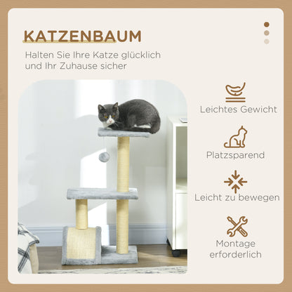 PawHut Kratzbaum 72 cm Katzenturm mit Plüschballen, Sisalstämme, Plattform, Kratzbrett Hellgrau