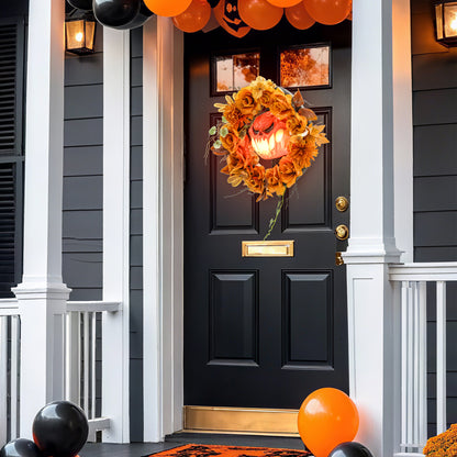 Outsunny Halloween-Kranz, Grusel-Kürbis-Design, Herbstblätter, Lichteffekte, Kunststoff