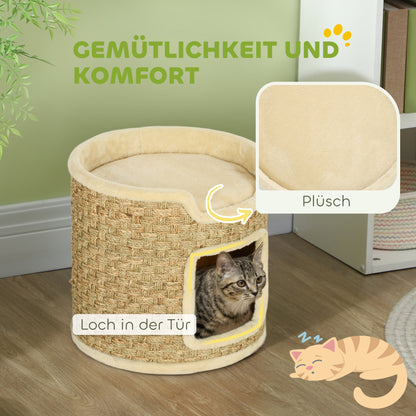 PawHut Katzenkratzbaum, Spiel- und Entspannungsbereich, Plüsch, Φ38 x 37H cm, Khaki-Beige, till 5 kg
