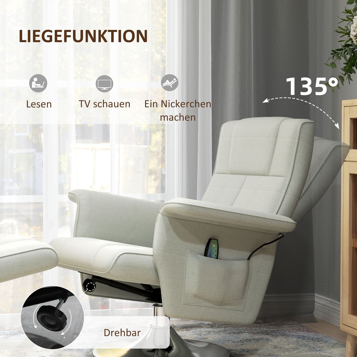 HOMCOM Massagesessel mit Hocker, neigbare Lehne, 78 x 95 x 88 cm, Creme