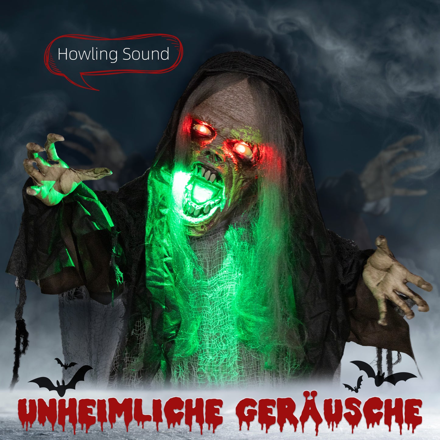 HOMCOM Grünes Monster, Helloweendeko, gruselige Soundeffekte, rote Augen, beweglich, 183 cm