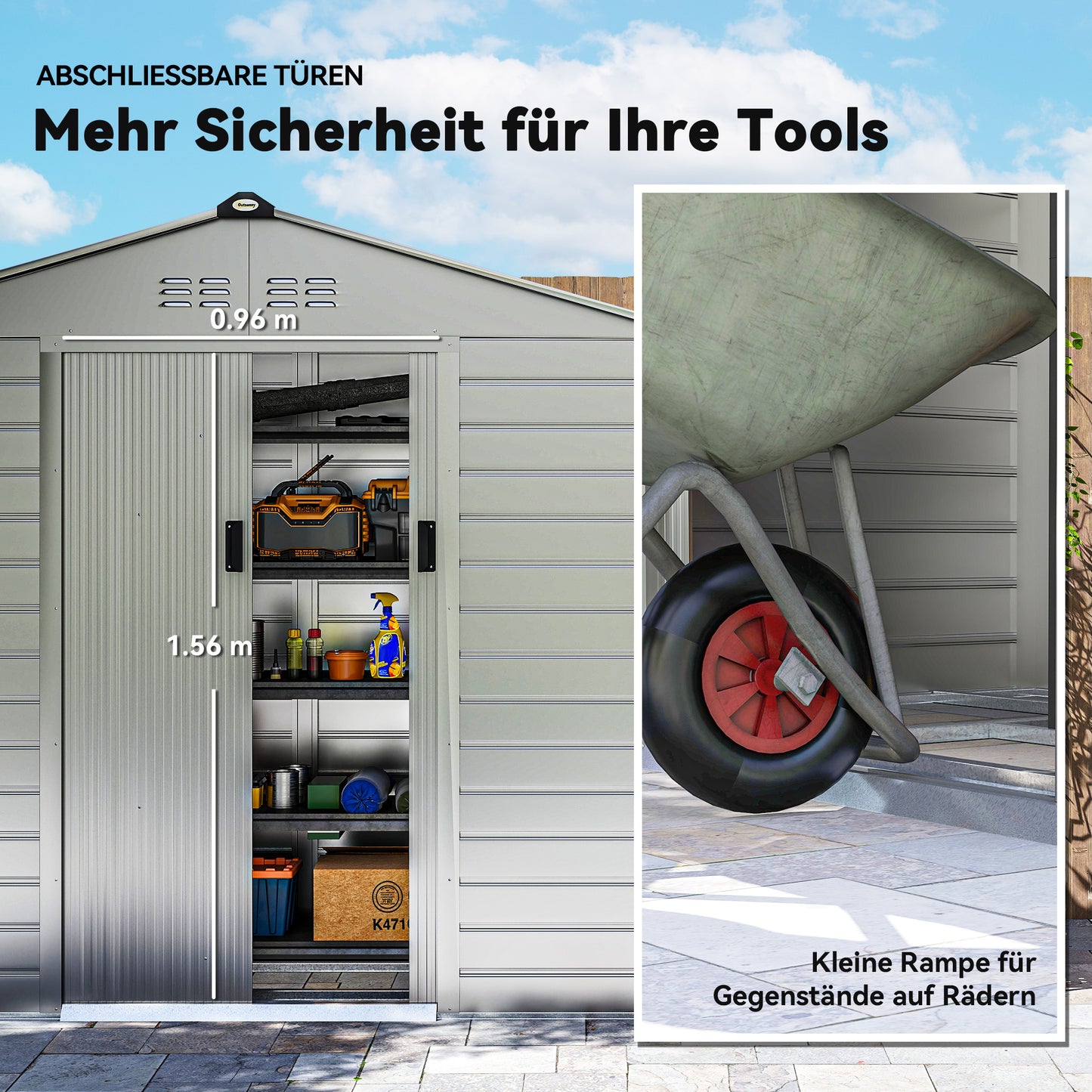 Outsunny 2,43 ㎡ Gerätehaus, 213 x 131 x 192 cm Geräteschuppen mit Satteldach, Abschließbare Schiebetür, wetterfest, Grau