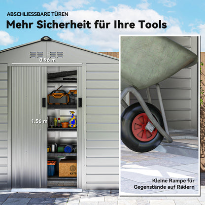 Outsunny 2,43 ㎡ Gerätehaus, 213 x 131 x 192 cm Geräteschuppen mit Satteldach, Abschließbare Schiebetür, wetterfest, Grau
